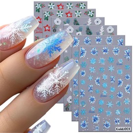 TBRZTR Winter Christmas Nail Art Stickers 3D Self-adhesive Blue Gradient Snowflake Nail Art Decal Flower Green Leaves Design Nail Decoration Floral Nail Art Supplies for Women Acrylic Nails (6 Sheets)