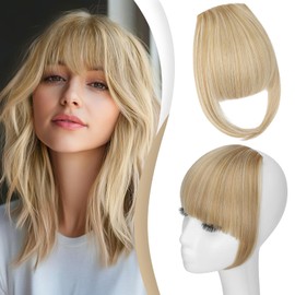Felendy Clip in Bangs Fake French Bangs Natural Thick Front Full Bang Fringe with Temples Straight Bangs Hair Clip for Women - Light Blonde Mix Bleach Blonde