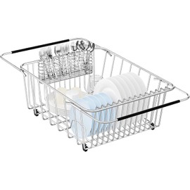 Fanbsy Large Dish Drainer Rack in Sink Adjustable, Expandable 304 Stainless Steel Metal Dish Drying Rack Organizer with Stainless Steel Utensil Holder Over Inside Sink Counter, Rustproof