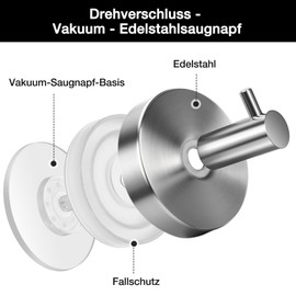 VEPEPE 6 Pcs Suction Hooks, Silver Stainless Steel Suction Hook, No Drilling Required No Damage to The Wall, Reusable Adhesion & Suction Cup Dual Fixation for Bathroom and Kitchen