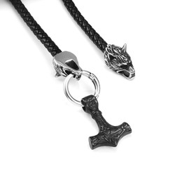 PiercingJak Men's Necklace Thor’s Hammer Viking with Fenris Wolf Braided Leather Chain Stainless Steel Mjölnir Celtic Knot Pendant Nordic Jewellery Amulet, Silver/Black, Stainless Steel, Black hammer