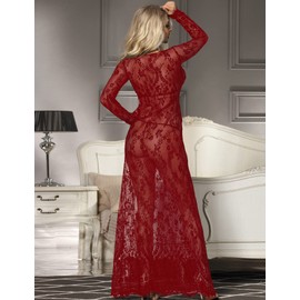 Comeondear Women's Sexy Lace Long Sleeve V-Neck Negligee / Maternity Dress / Cocktail Dress / Evening Dress - red