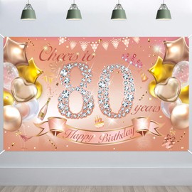 HOWAF Woman 80th Birthday Party Decoration Rose Gold, Fabric Banner for 80th Birthday Photo Backdrop Photography Background, 80th Birthday Outdoor Garden Table Wall Decoration Supplies