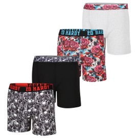 ED HARDY Mens Boxer Briefs 4 Pack, Soft Fabric, Pull On Closure, Machine Washable Comfortable Stretch Boxers with Octo-Skulls, Roses Solid Design, Small