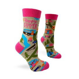 Fabdaz Happy Camper Camping Themed Women's Novelty Crew Socks - 1 Pair - 1 Size Fits Most