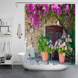 JOOCAR Italian Shower Curtain View of Stonewall House w/ Flowerpot Red Purple Flower in Italy Rural Town Garden Bath Curtain Waterproof Shower Curtains Bathroom Decor 72x72 Inch，Purple Green Beige