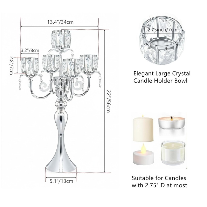 Silver Candelabra Table Centerpieces: 5 Arm Crystal Pendant Candle Holders