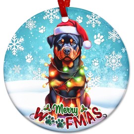 Sportyzen 2024 Christmas Ornament - Cute Christmas Santa Hat Rottweiler Dog Ceramic Ornament, Rottweiler Christmas Decoration, for Dog Lovers, Family, Friends
