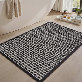 AMOAMI Unique Woven Bath Mat, Super Absorbent Non Slip Bath Mats for Bathroom Floor Textured Bathroom Mat Quick Dry Washable Bath Rug Boho Thin Rugs for Bathroom Beside Tub, 17" x 24", Black