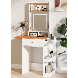 Redkey Vanity Desk with Lighted Mirror - Small Makeup Vanity with Drawers & Organizer - Compact Dressing Table with Fold-Up Panel for Kid Girls Adults - for Bedroom - White