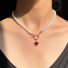 Erimberate Bohemian Red Heart Necklace Chain Vintage Pearl Choker Necklace Cz Heart Pendant Necklace Toggle Clasp Necklace Choker Jewelry for Women and Girls (Red Crystal)