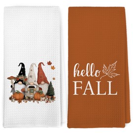 Dibor Fall Gnomes Kitchen Towels Dishcloth Set of 2, Fall Gnome Decor Dish Towels, Burnt Orange Rustic Farmhouse Decorative Dish Towel Hand Tea Towel for Bathroom Kitchen,Gnomes Gifts, 16x24 in
