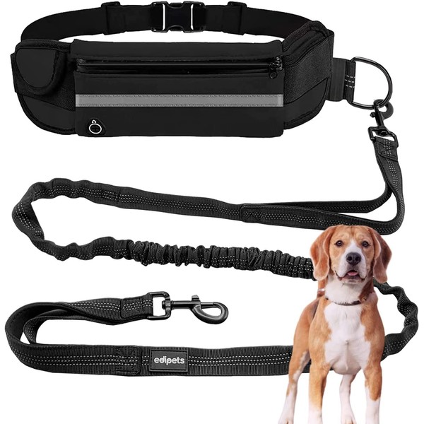 Edipets, Jogging Lead Dogs, Hands-Free, Running, Hiking, Webbing, Anti-Stress, Reflective, 160-220 cm (Black)