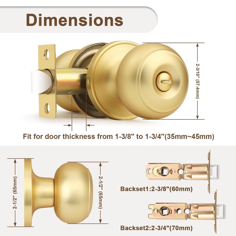 Probrico 3 Pack Gold Privacy Door Knob, Keyless Doorknobs Interior