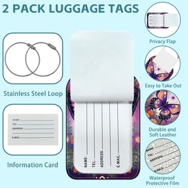 iapodiad 2 Pack Cute Luggage Tag for Suitcases Bright Night Butterflies Leather Luggage Tags with Stainless Steel Loop Privacy Flap Name Tags,Men and Women Travel Bag Suitcase Tags