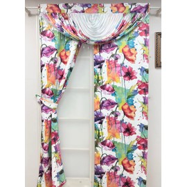 GOHD Painting Print,Farmhouse 6pcs Multi-Color Floral Window Curtain Set, 50-Inch W x 90-Inch L Panels with Waterfall Valance and Voile Backing,Included 2pcs Fabric tie-Backs,Blossom in Rain