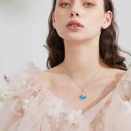 DAYLINLOVE Wave Necklace 925 Sterling Silver Blue Opal Wave Pendant Necklaces Ocean Wave Jewelry Sea Beach Gifts for Women Girls Men