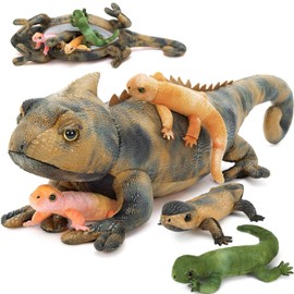 Karister 5Pcs Giant Lizard Plush, 27" Mother Iguana Stuffed Animal with 4 Baby Lizard Plushies, Bearded Dragon Plush Toy for Kids Boys Girls, Stuffed Chameleon for Christmas Birthday Gift, Gray
