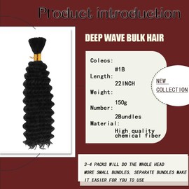 Braiding Hair, Boho Braids 22 Inch 2 Bundles Deep Water Wave Bulk for Braid No Weft Curly Braiding Hair for Wet and Wavy Braid Hair Extensions (#1B,150g/ 2 bundles）22 Inch