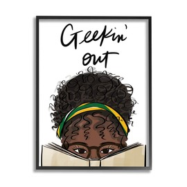 Stupell Industries Geekin' Out Phrase Woman Reading Book, Designed by Anna Quach Black Framed Wall Art, 11 x 14, White