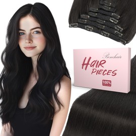 Benehair Clip in Hair Extensions Real Human Hair 22inch Double Weft Natural Black Hair Extensions Clip in Human Hair Invisible Lace Weft Straight Hair Extensions Clip ins 7pcs with 16 Clips 130g #1B
