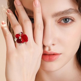 Flower Ring - Adjustable Red Statement Ring for Women Girls | Exaggerate Flower Ring Floral Wrap Ring for Mother Wife