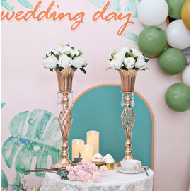 2 Pcs Elegant Metal Gold Floral Vase, Beaded Crystal Gold Trumpet Crown Vase, Perfect for Wedding Banquets, Birthdays, Anniversaries, Holiday Parties and Other Important Event Centerpieces(23.2")