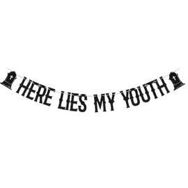 Black Glitter Here Lies My Youth Banner, Death to My Youth Banner, Funeral Decorations, Funeral Birthday Banner for 20th/30th/40th Birthday, Youth Death Banner, Funny Birthday Party Supplie