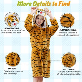 MICHLEY Unisex Boys Girls Hooded Bathrobe Soft Fuzzy Toddler Cartoon Robe Animal Plush Sleepwear for Kids 6-7 Years,Tiger