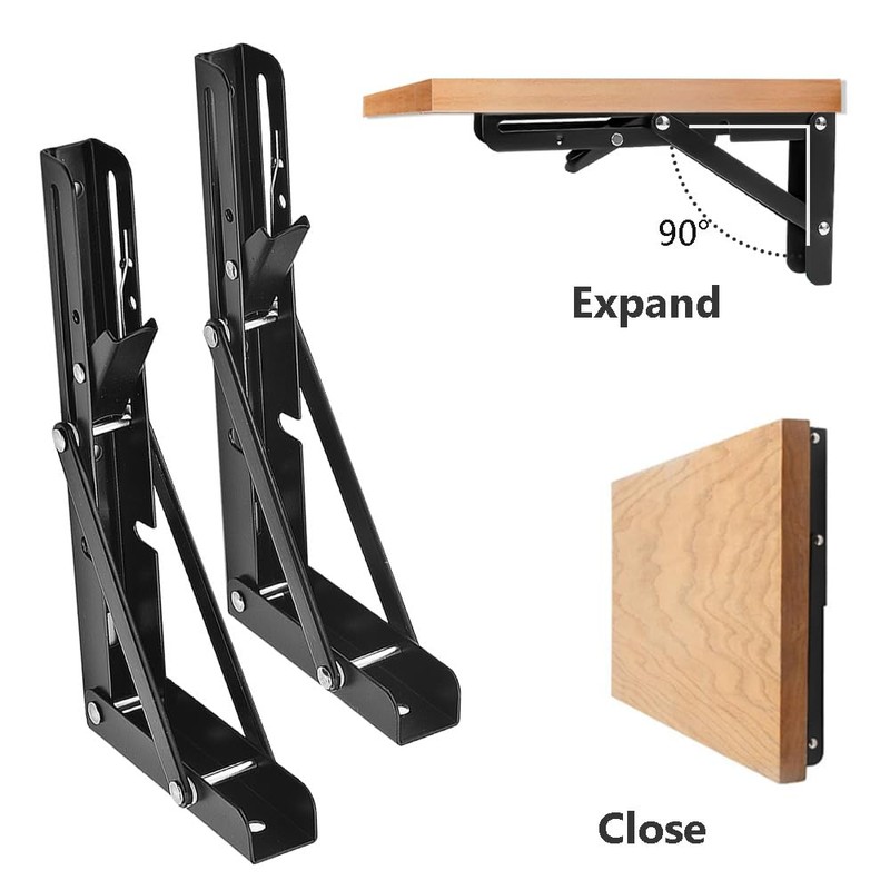 Hocansen 2Pcs Metal Foldable Brackets L Shelf Collapsible Brackets Black