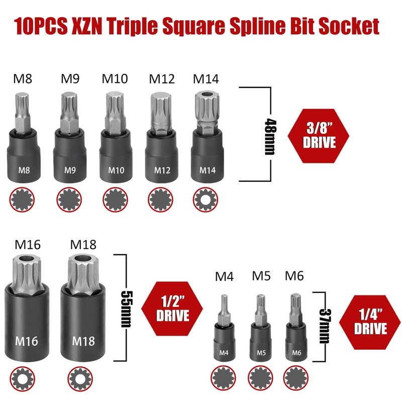 RIMKOLO 10-Piece XZN Triple Square Spline Bit Socket Set, 1/4”,
