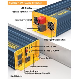 MWXNE 1500W/3000W(Peak) Power Inverter Pure Sine Wave DC 12V to 110V 120V AC Converter 3 AC Outlets Car Inverters with 4 USB Fast Charging Ports, LCD Display and Remote Controller for Truck RV