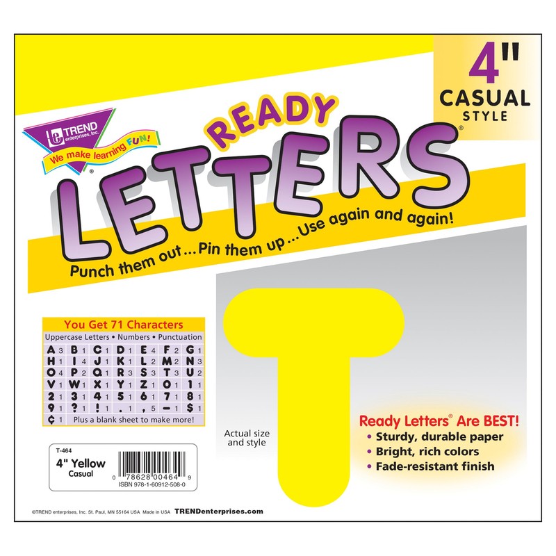 Trend Yellow 4" Casual Uppercase Ready Letters, Bulletin Board Decor,
