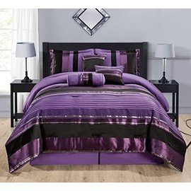 Grand Linen Chenille Bedding 7 Piece Queen Size Royal Purple, Black, Silver Grey Jacquard Striped Bed in A Bag Down Alternative Comforter Set. Perfect for Any Bedroom or Guest Room
