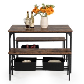 FurnitureR 3-Piece Dining Table Set for 4, Farmhouse Kitchen Table with 2 Benches and Storage Shelf, Space-Saving Breakfast Nook Table and Bench Set for Small Spaces, Vintage Brown