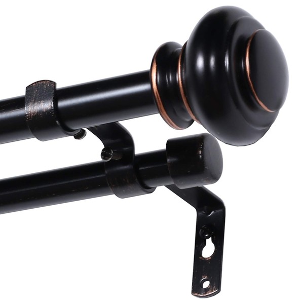 Elegant Window Treatment Telescoping Double Curtain Rod Set with Classic Cap, 3/4-Inch Diameter, Adjusts from 48 to 84 Inches, Black with Antique Bronze Finish