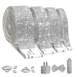 EANLOLY 4 Rolls Self-Adhesive Crystal Rhinestone Ribbon, Diamond Bling Ribbons with 2 mm Rhinestones Sticker for Arts Crafts Wedding Birthday Party DIY Event Car Phone Decoration(Silver)