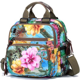 YouNuo Fashion Small Backpack Purse for Women, Floral Multi-Pocket Shoulder Handbag, Water-resistant Nylon Crossbody Purse for Mom, Ladies Convertible Mommy Bag with Insulated Pockets, Blue