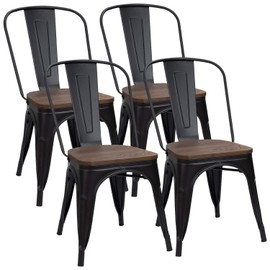 Furmax Metal Dining Chairs with Wood Seat, Indoor-Outdoor Use Stackable Chic Dining Bistro Cafe Side Metal Chairs Set of 4(Black)