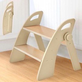 Reeple Wooden Step Stool, 300 lb. Load Capacity, with Safety Non-Slip Pads and Handles, Bamboo Step Stool for Bathroom and Kitchen, Children's Double Height(Log Color)