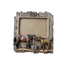 Comfy Hour 7.48" x 7.75" Double Horse Figurine Photo Frame, Rustic Antique Vintage Western Style Home Decor, Wood Look Resin Picture Frame for Office, Brown