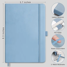 RETTACY Graph Grid Paper Notebook, 192 Pages, A5 Medium Size (5.7'' x 8.3''), 5 Squares per Inch, Leather Hardcover, 100 GSM Thick Paper, for School, Students, Math, Engineering (Light Blue)