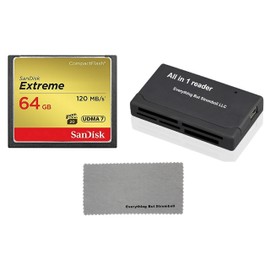 SanDisk Extreme 64GB CompactFlash Memory Card for Canon EOS 7D Mark II Digital DSLR Camera HD UDMA 7 (SDCFXSB-064G-G46) with Everything But Stromboli Combo Microfiber Cloth and Combo Reader