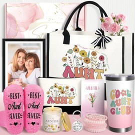 Aunt Gifts Best Auntie Gift ideas 10 PCS Birthday Gifts for Aunt from Niece Nephew, Best Aunt Ever Gifts Women Christmas Gifts, Include Tote Bag Makeup Bag 20 Oz Thermos Cup Photo Frame Socks Keychain