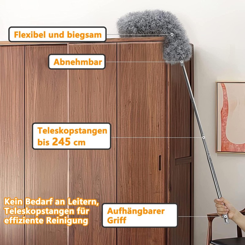 Washable Telescopic Duster, Duster, Rod and Bendable Corner Brush, Microfibre