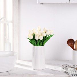 White Ceramic Vase for Flowers, Large Modern White Vase for Home Decor, Decorative Vase for Living Room, Office, Mantel, Bookshelf, Dining Table, 8 inches