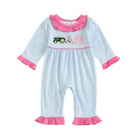 Newborn Baby Girl Fall Outfit Farm Clothes Tractor Cow Embroidery Ruffle Long Sleeve Romper One Piece Jumpsuit (Sky Blue, 0-3 Months)