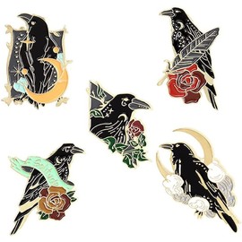 AOTEMAN Black Crow Enamel Pins Set 5Pcs Alloy Brooch Badge Novelty Rose Crow Pins Cute Animal Enamel Brooch Pins Cartoon Pins Decoration for Women Boys Girls Men Bag Jackets Hats Jewelry Gifts