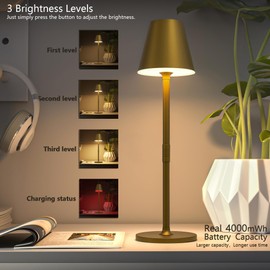 Timjorman LED CordlessTable Lamp,4000mAh Rechargeable Battery Desk lamp,3 Level Brightness Portable Night Light, Minimalist Design, for Couple Dinner/Coffee Table/Restaurant/Bedroom(Bronze)