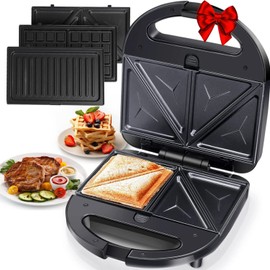 Aigostar Sandwich Maker Panini Press Grill, 3 in 1 Waffle Maker with Removable Non-stick Plates, Electric Grilled Cheese Maker, Portable Cool Touch Handle, Led Indicator Lights & Easy to Clean, 750W